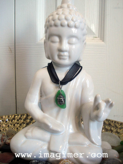 Boudha peace green necklace black joy unique authentic sea glass