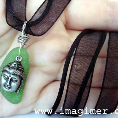 Boudha peace green necklace black joy unique authentic sea glass
